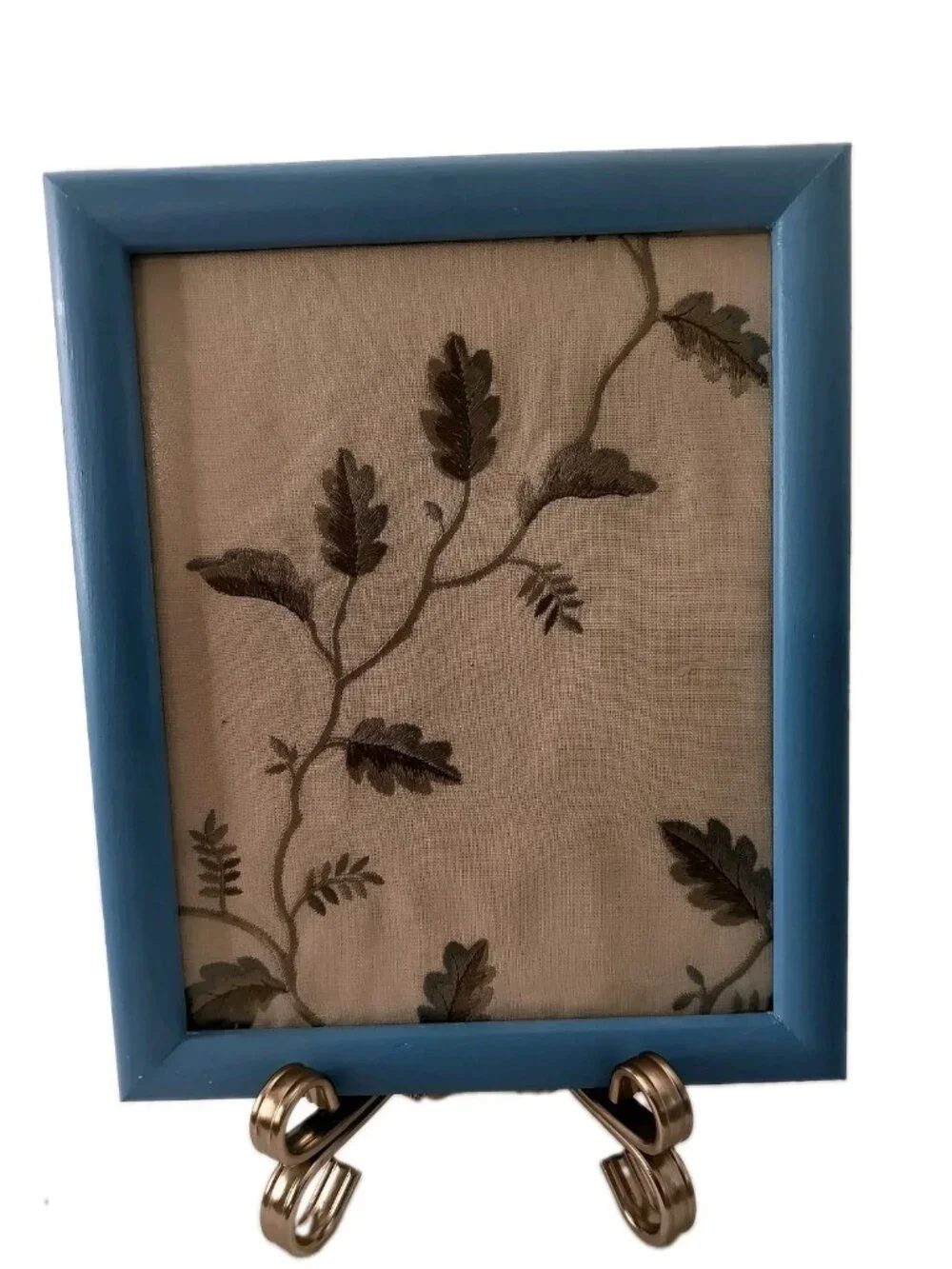 Vintage Embroidered Fabric Art Set 1980s Curtain Framed Botanical Blue Frames